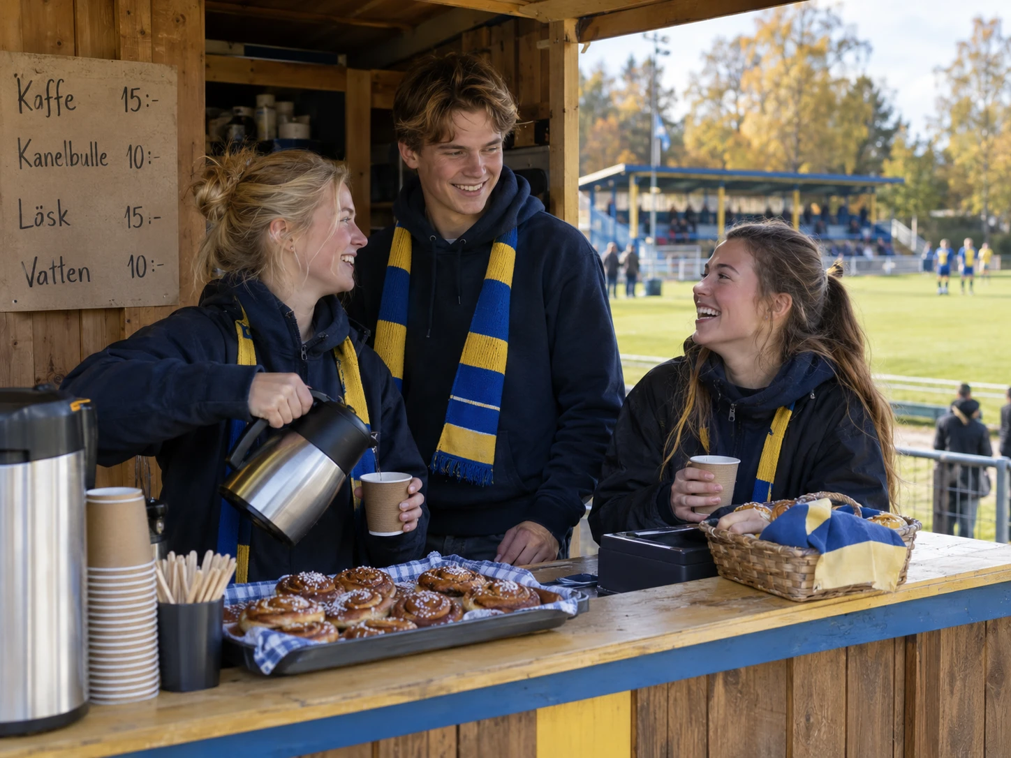 Volontärer säljer fika i en fotbollsklubbs kiosk