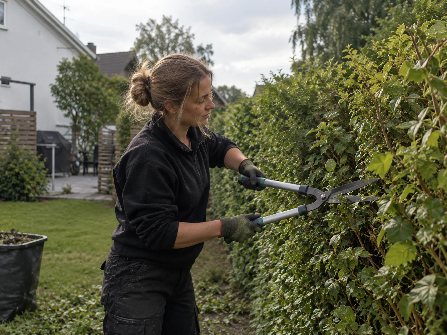 En trädgårdsarbetare klipper en häck i en trädgård