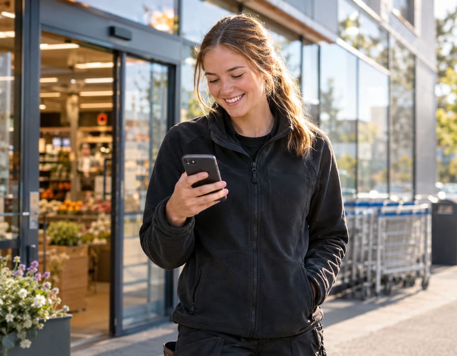 En ung arbetare kollar Direkt Personal-appen utanför en butik