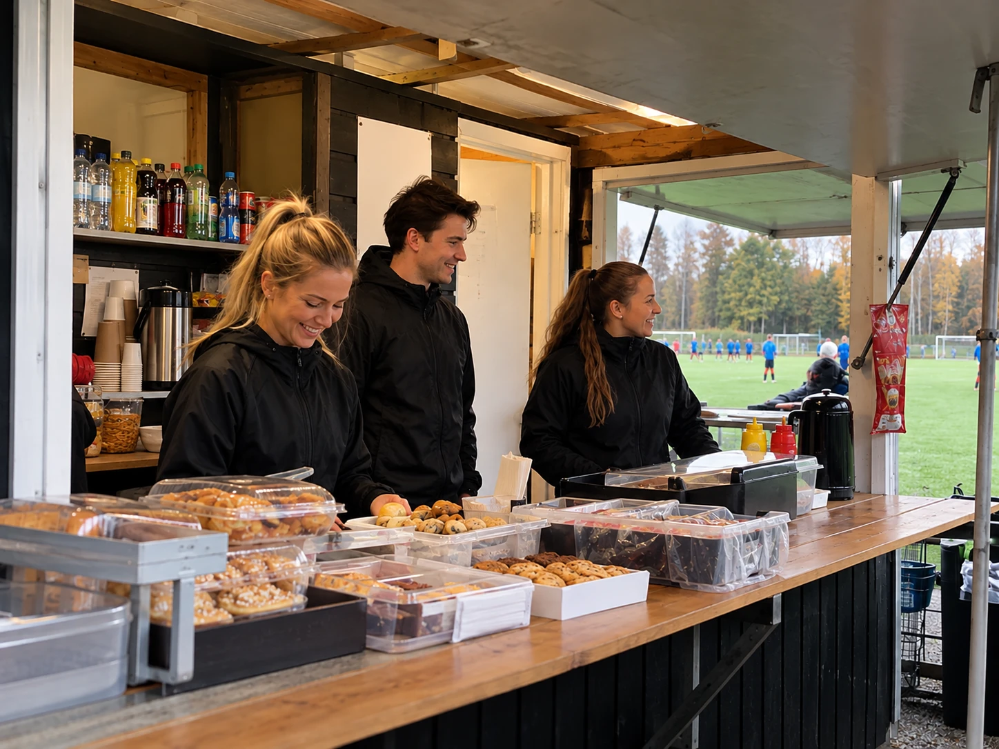 Volontärer säljer fika i en fotbollsklubbs kiosk