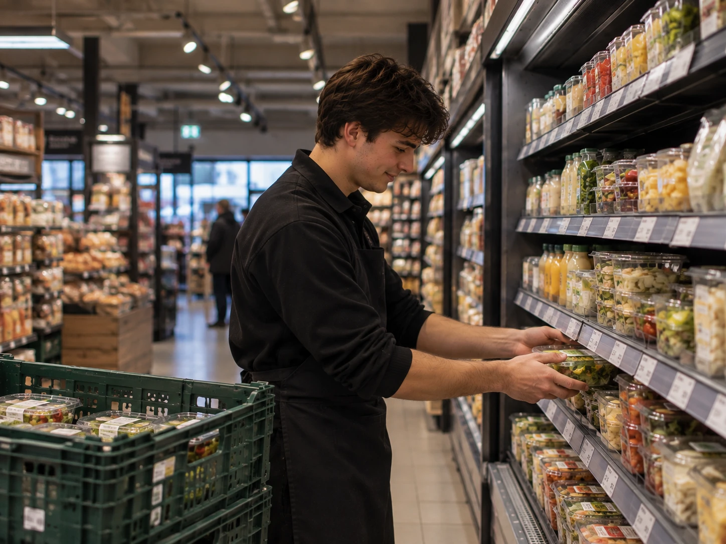 En ung arbetare fyller på hyllor i en matbutik